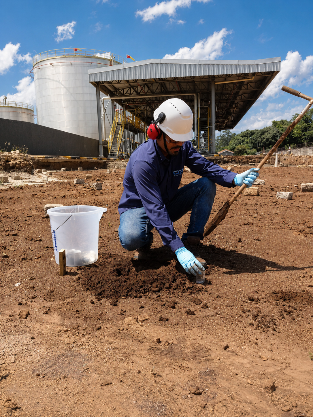 Técnico da OXI Ambiental realizando coleta de solo em área industrial