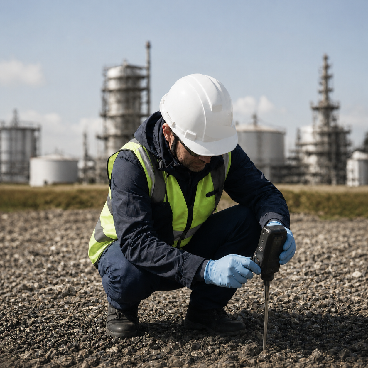 Técnico em campo realizando investigação ambiental
